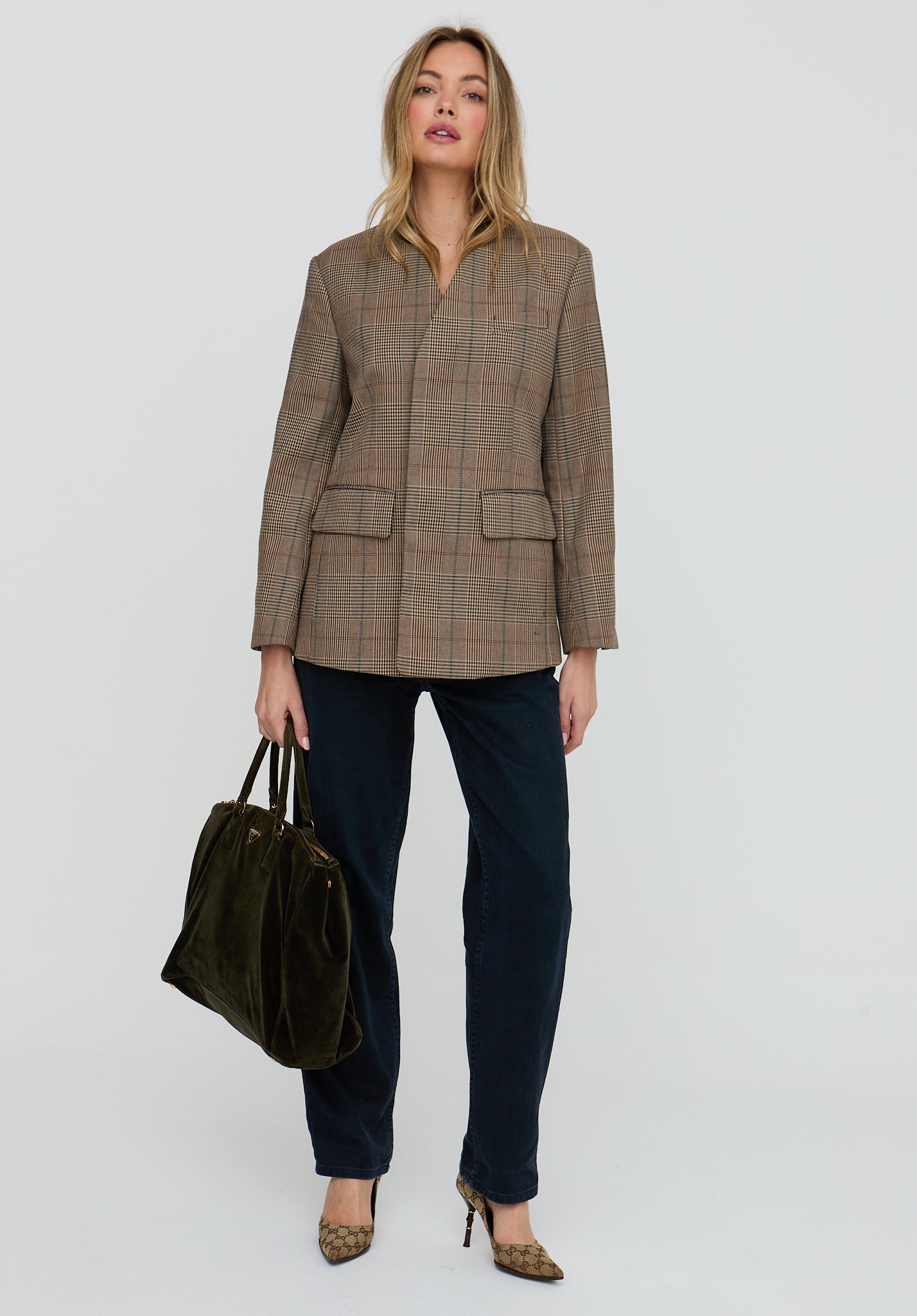 Leah Collarless Check Print Jacket In Brown