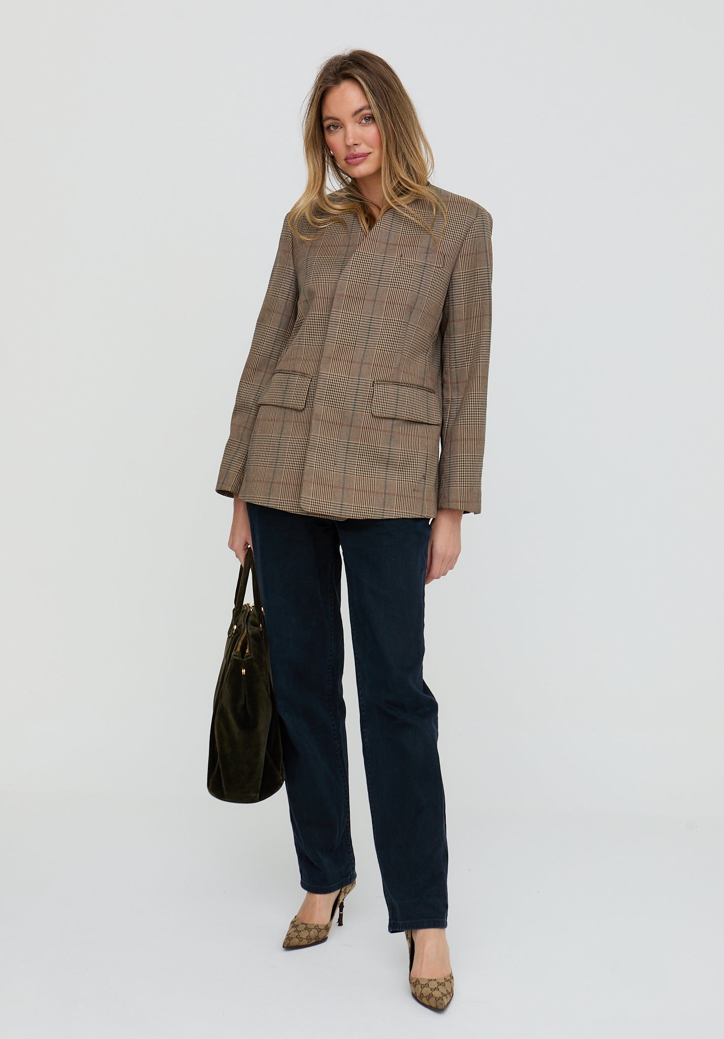 Leah Collarless Check Print Jacket In Brown