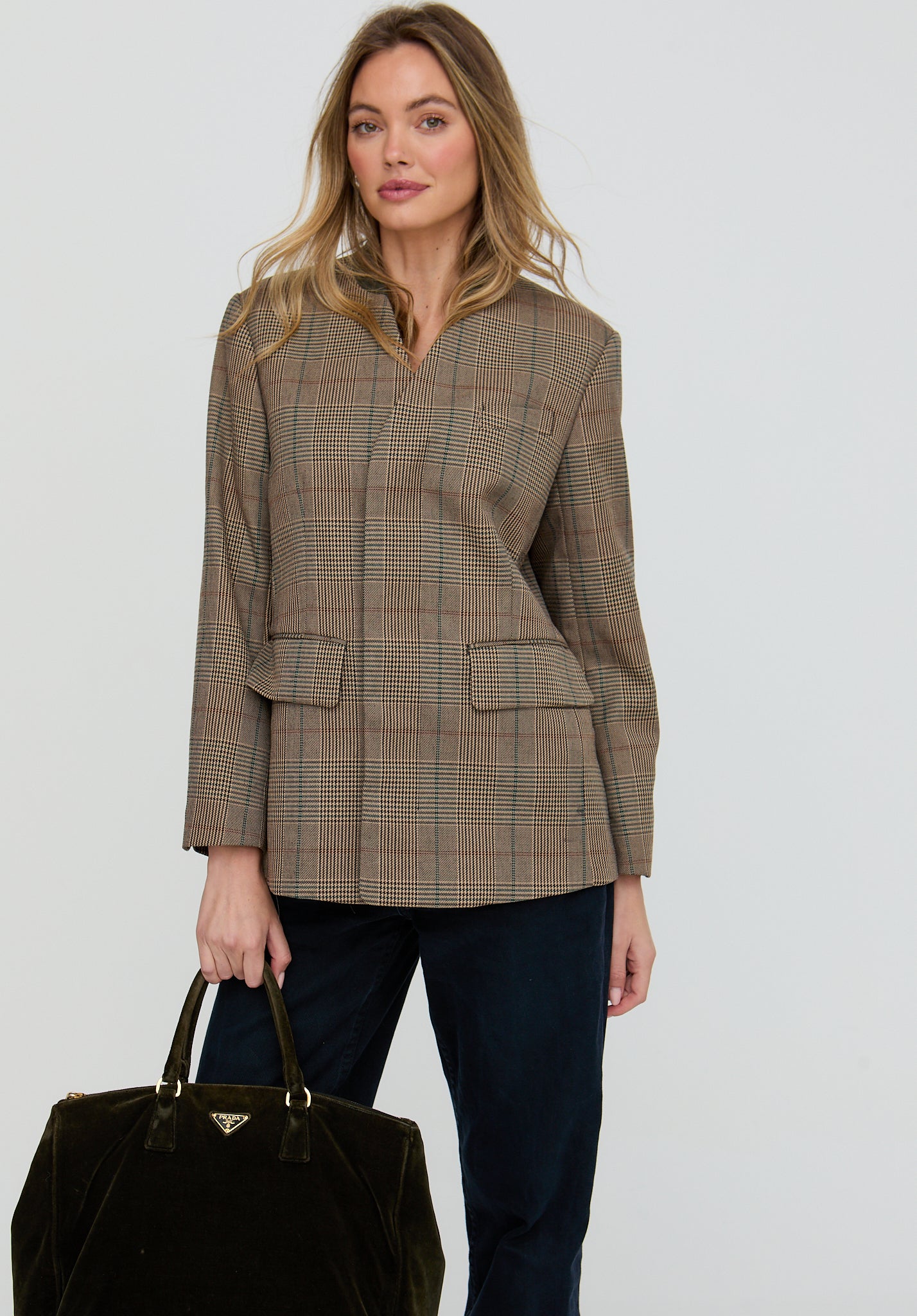 Leah Collarless Check Print Jacket In Brown