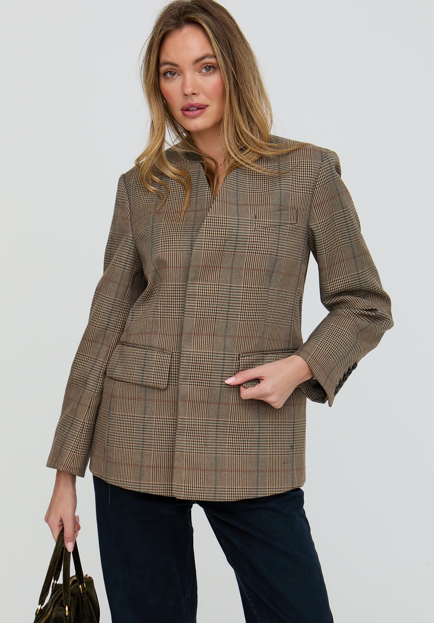 Leah Collarless Check Print Jacket In Brown