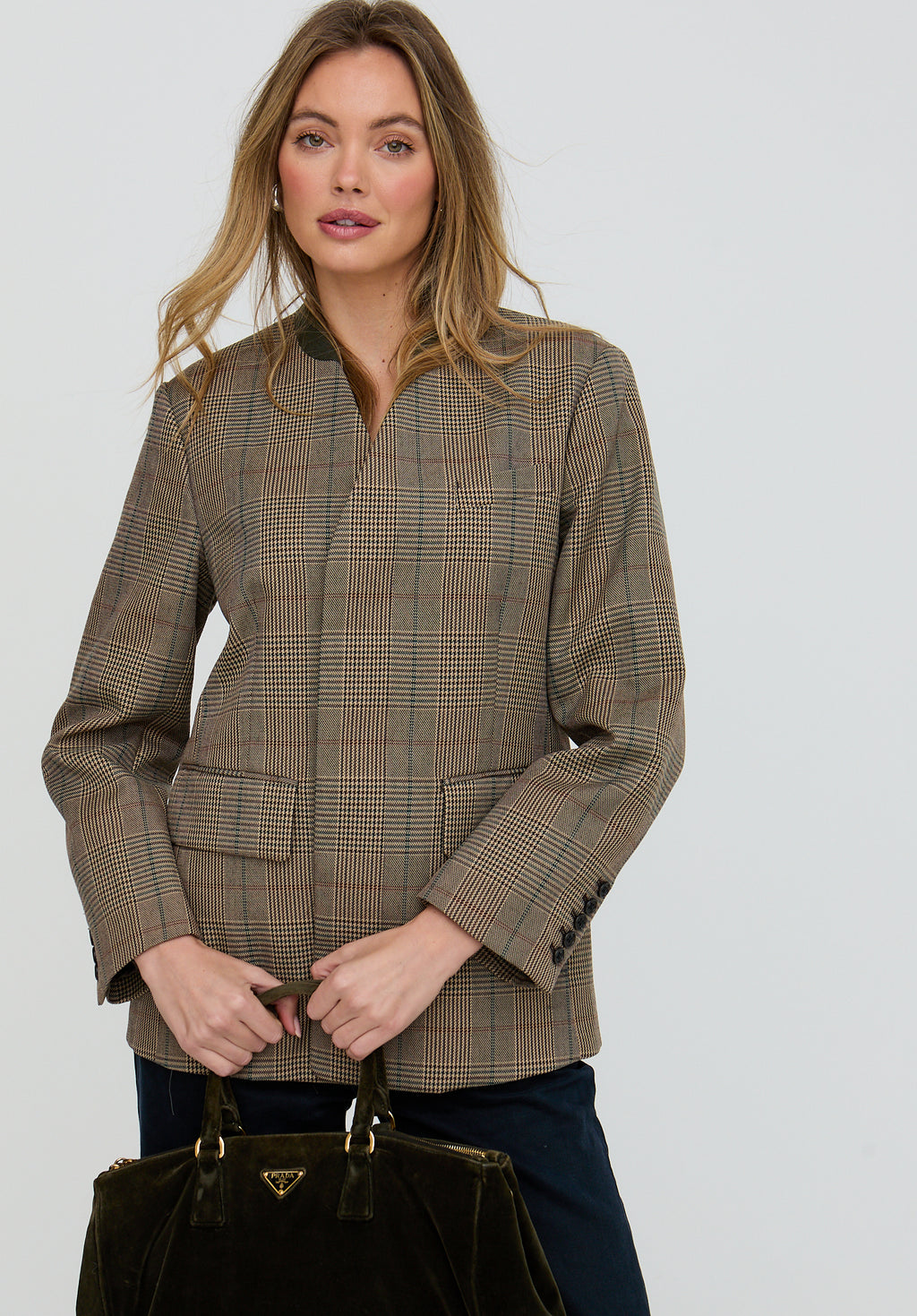 Leah Collarless Check Print Jacket In Brown