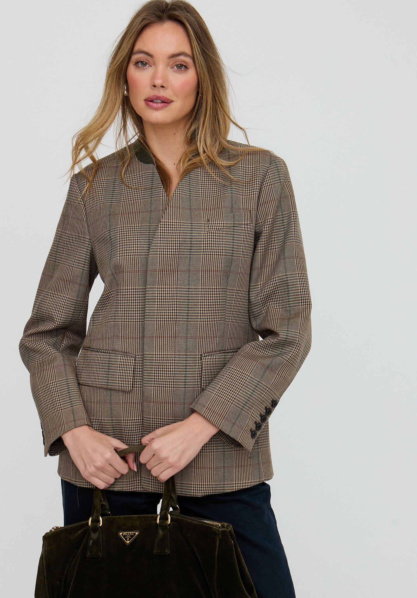 Leah Collarless Check Print Jacket In Brown