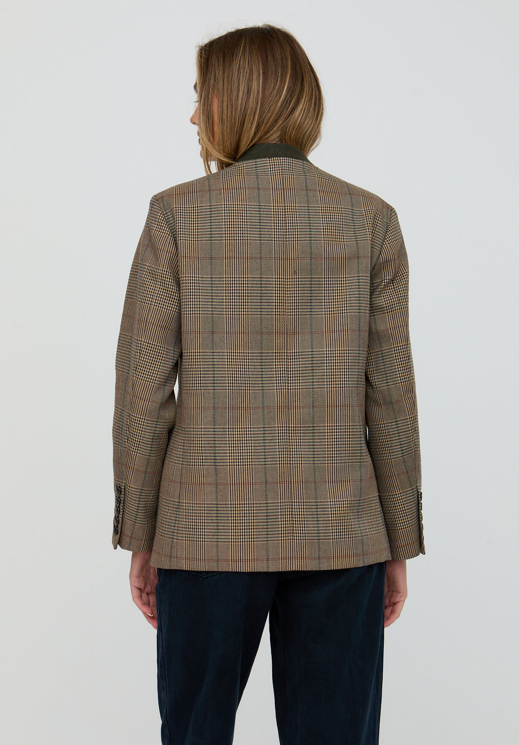Leah Collarless Check Print Jacket In Brown