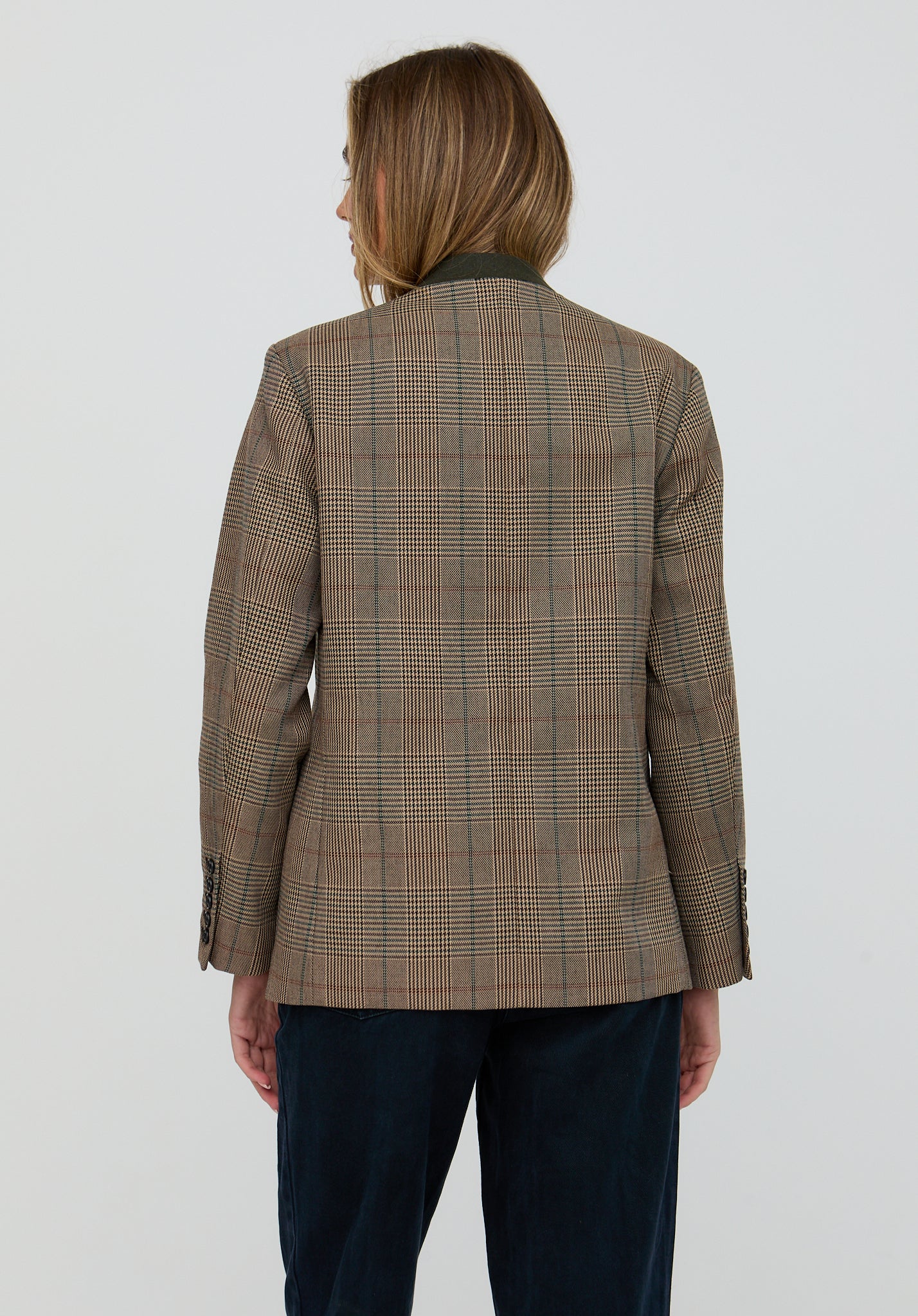 Leah Collarless Check Print Jacket In Brown