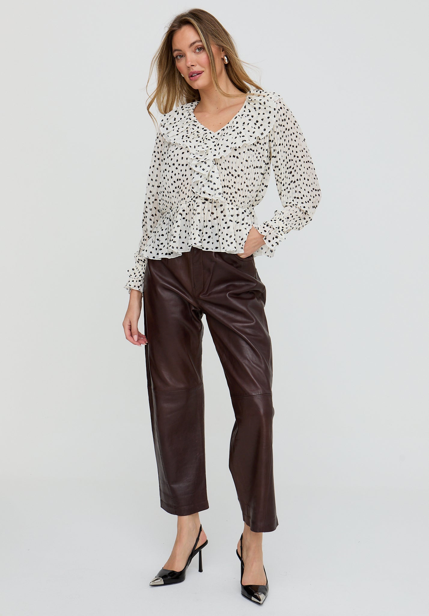 River All Over Pleats Polka Dot Print Blouse In White