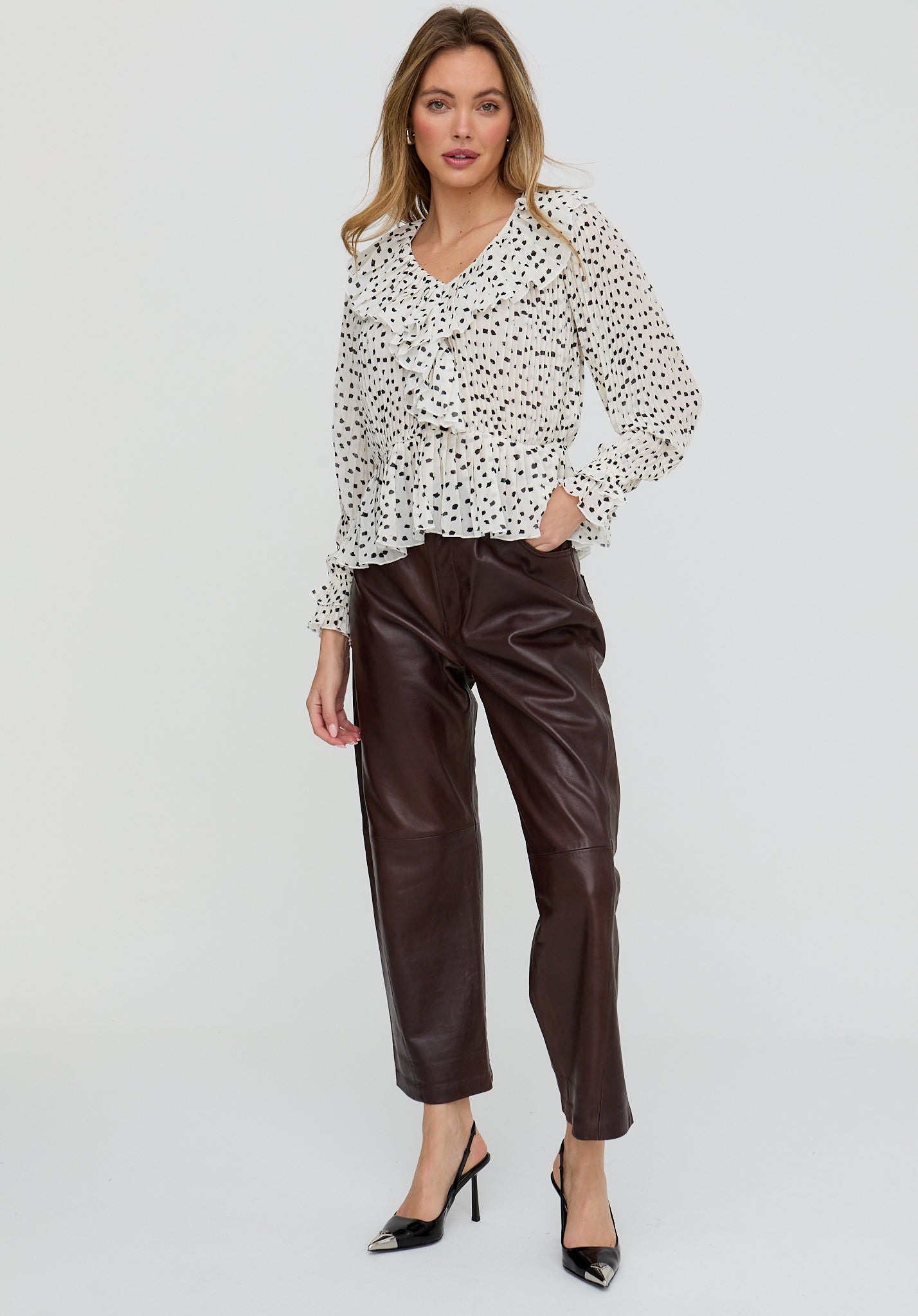 River All Over Pleats Polka Dot Print Blouse In White