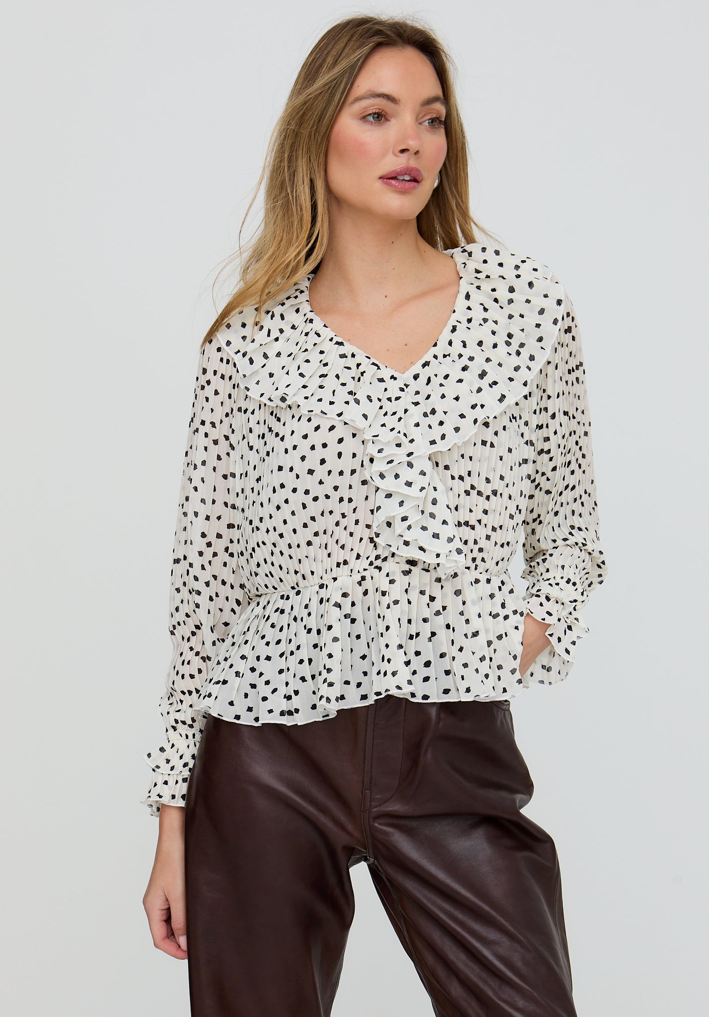 River All Over Pleats Polka Dot Print Blouse In White