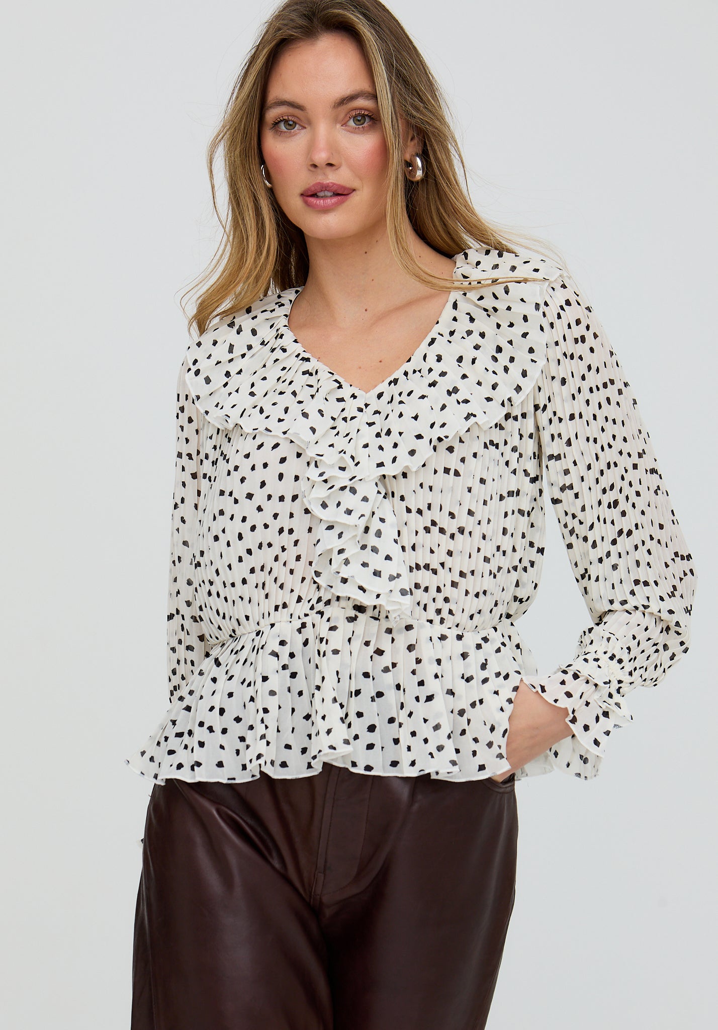 River All Over Pleats Polka Dot Print Blouse In White