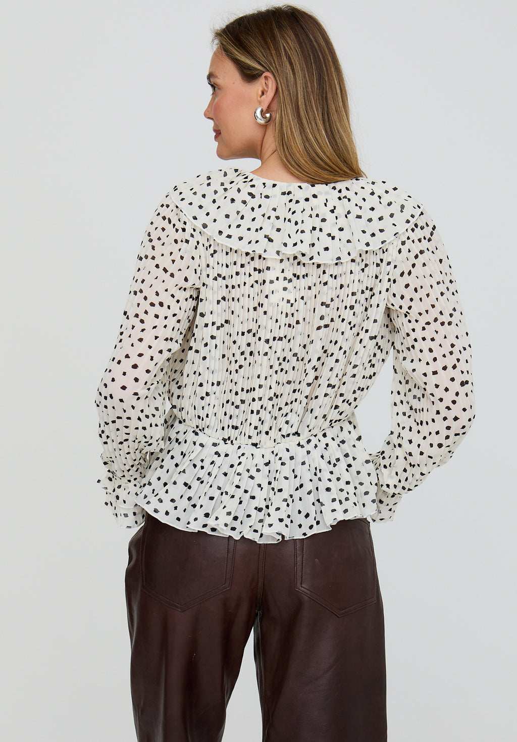 River All Over Pleats Polka Dot Print Blouse In White