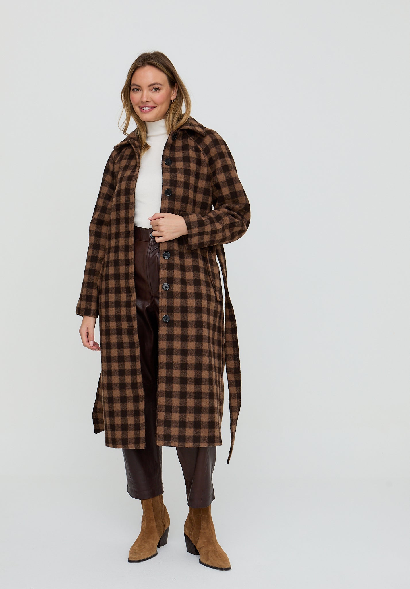 Pia Tailored Check Print Coat In Brown