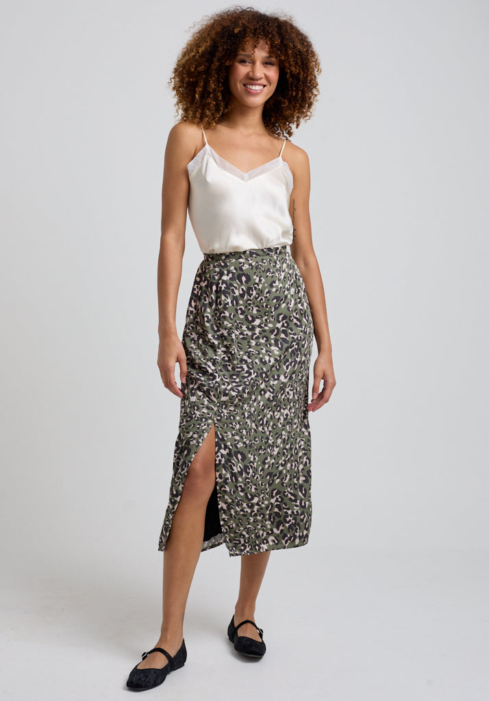 Grace Khaki Cat Midi Skirt in Green