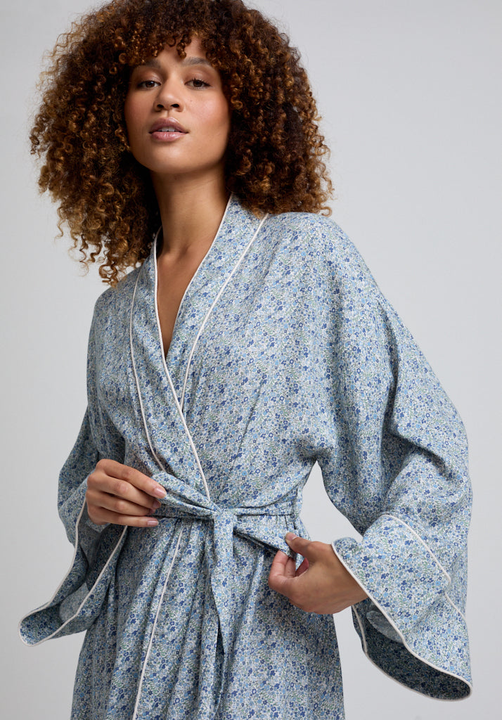 blue floral dressing gown Women's Dressing Gown Blue Floral Quilted Pure Cotton Handmade In Germany