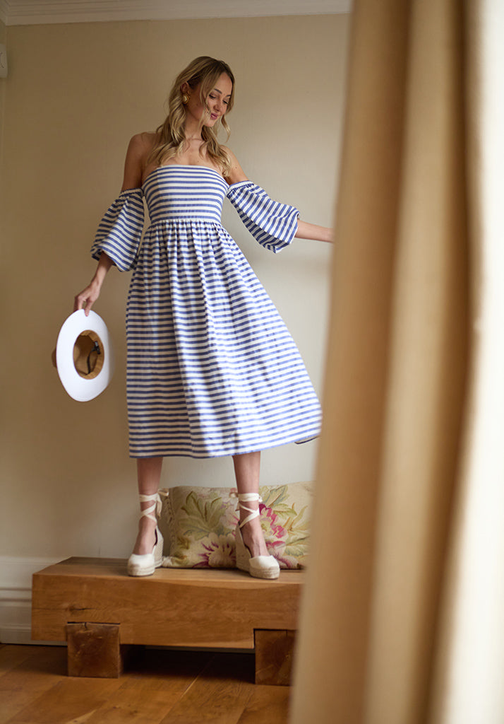 Sara Bardot Neck Midi Dress In Multi stripe print