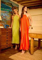lifestyle image shoiwng models wearing Philomena Halter Neck Pleated Maxi Dress In Green and orange