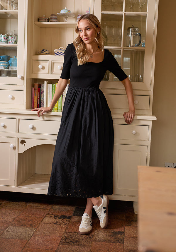 Sydney Short Sleeve Jersey Bodice Embroidered Midi Dress In Black