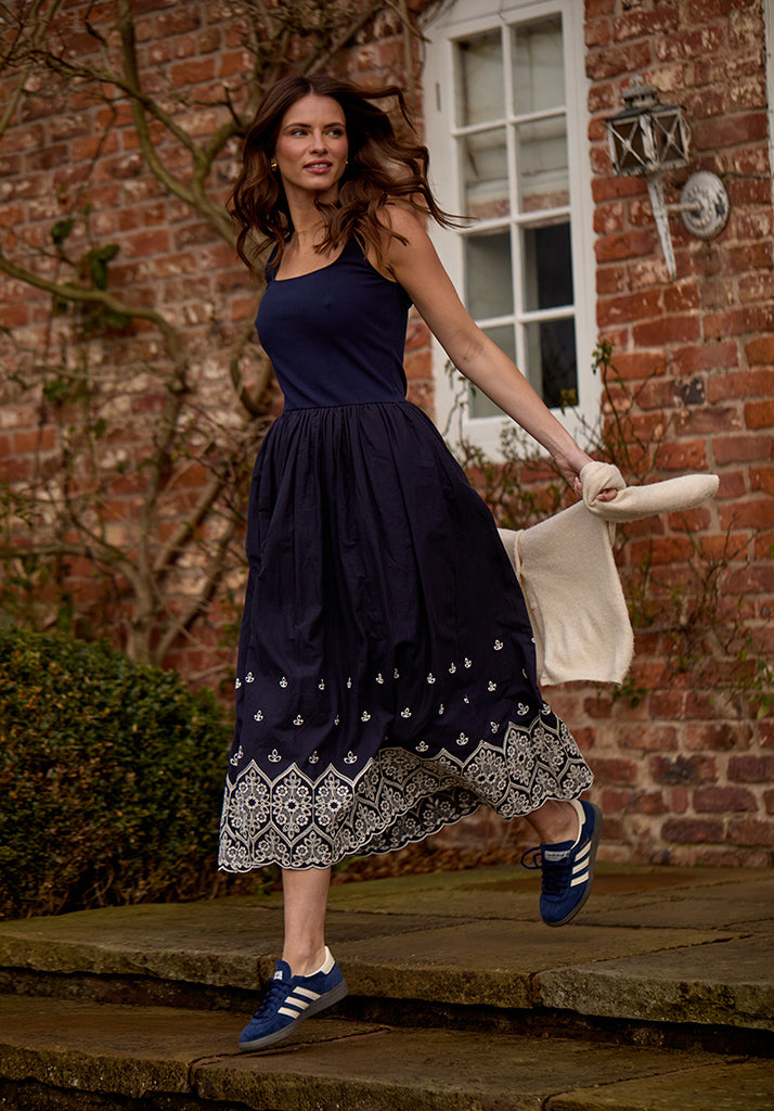 Cora Sleeveless Jersey Bodice Embroidered Midi Dress In Navy