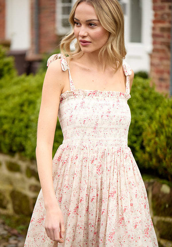 Annie Smocked Wishing Well Floral Print Midi sleeveless Dress In Multi


