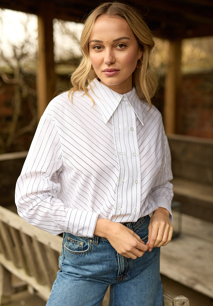 Dapper Double Placket Stripe Shirt In White