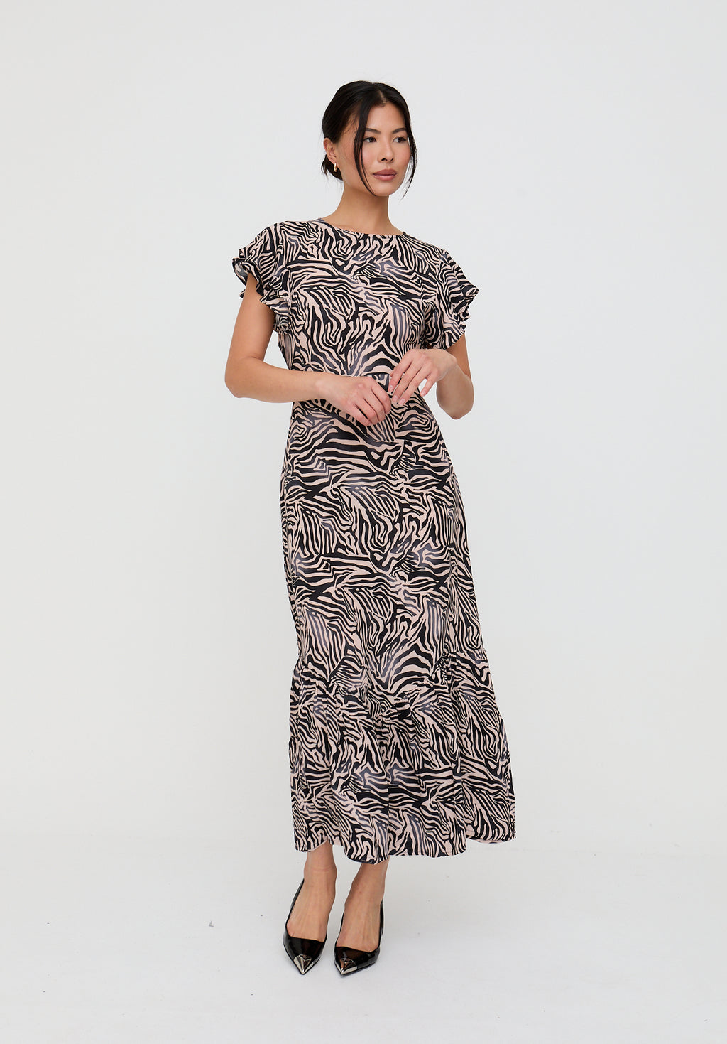 Zelda Tiered Zebra Print Maxi Dress In Multi