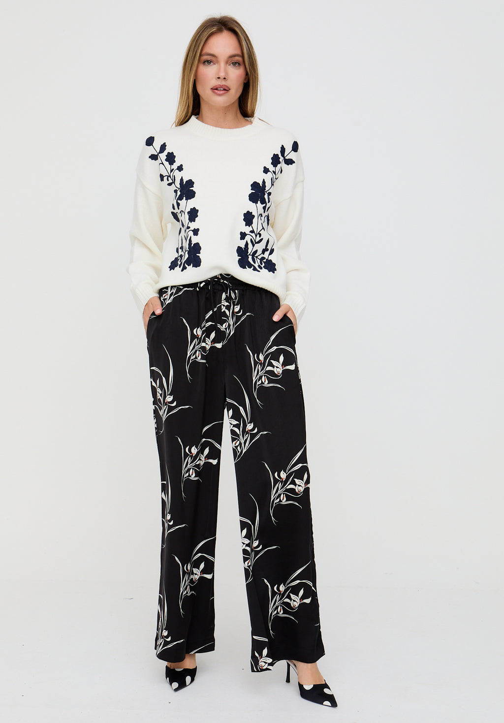 Lillibet Wide Leg Large Floral Print Trouser In Black