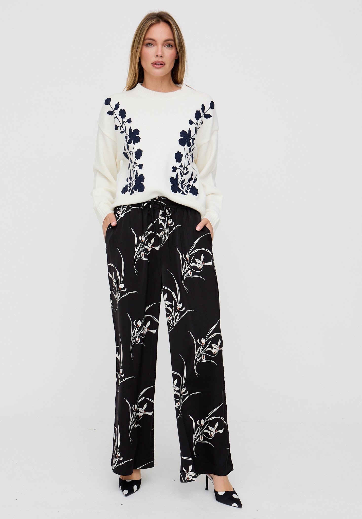 Lillibet Wide Leg Large Floral Print Trouser In Black