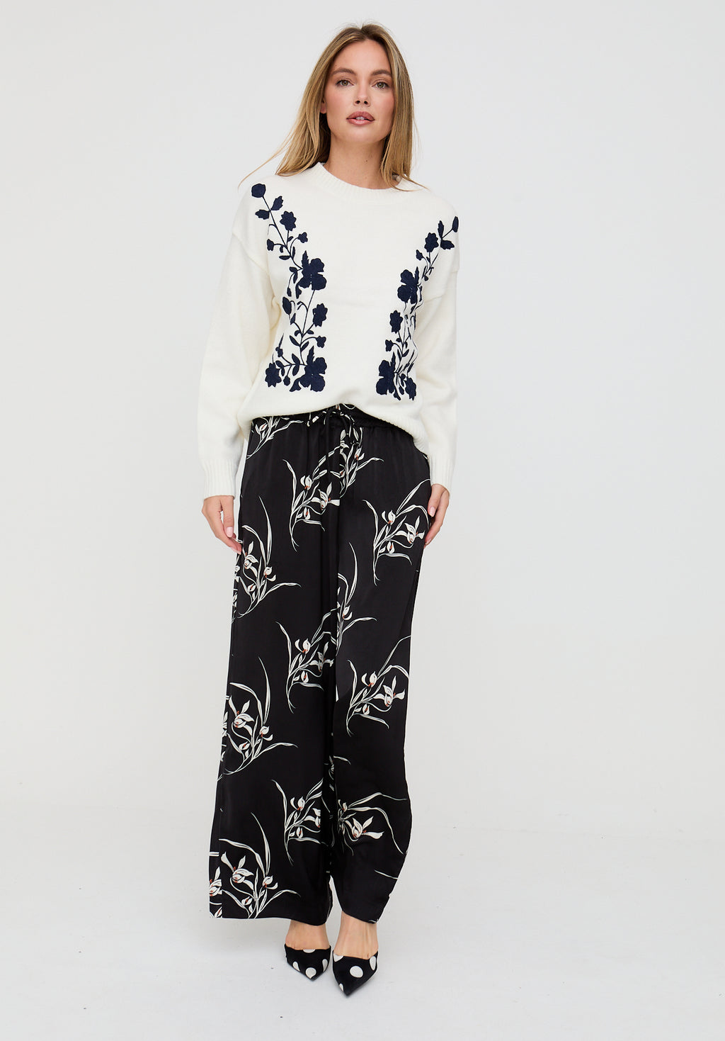 Lillibet Wide Leg Large Floral Print Trouser In Black