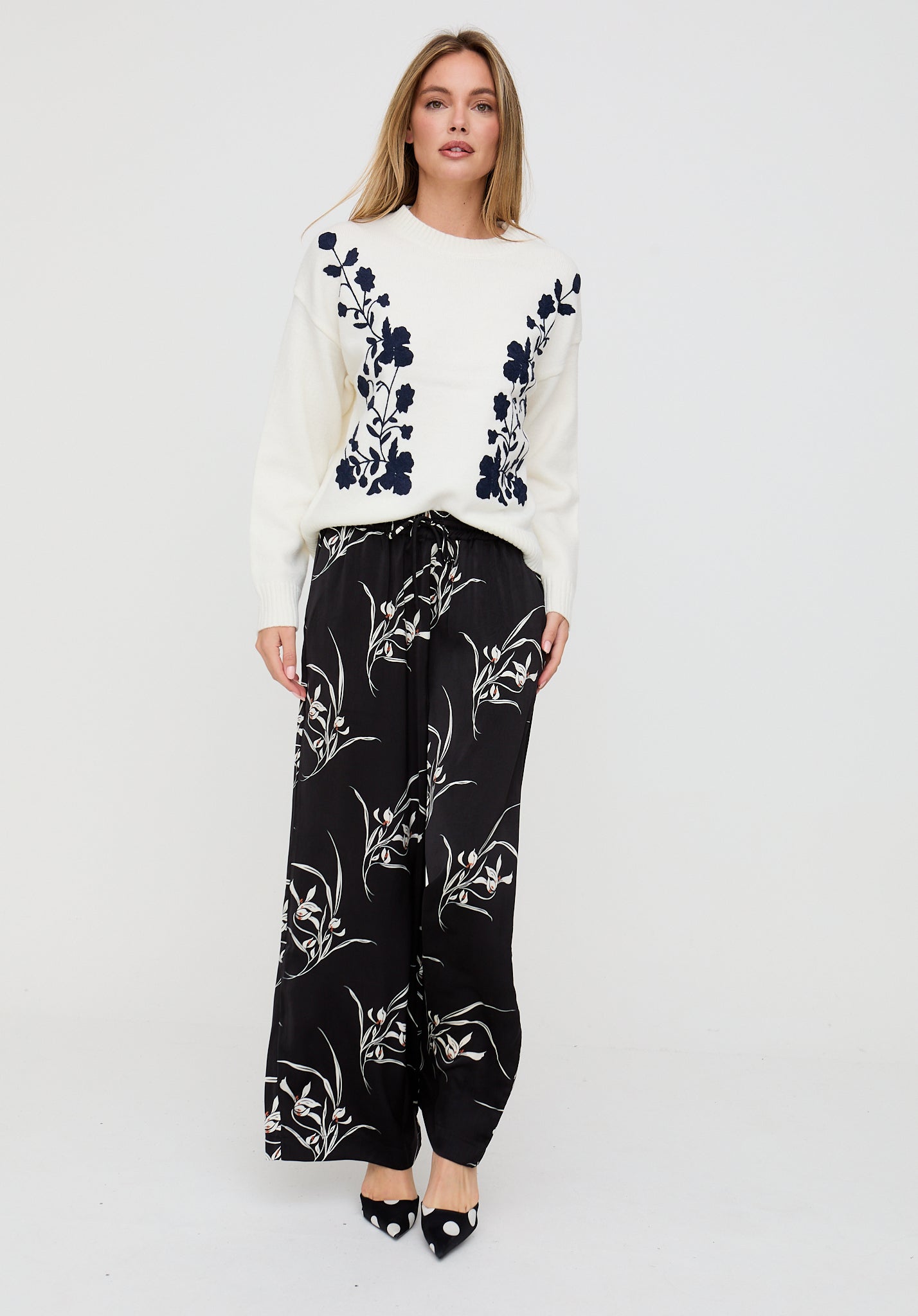 Lillibet Wide Leg Large Floral Print Trouser In Black