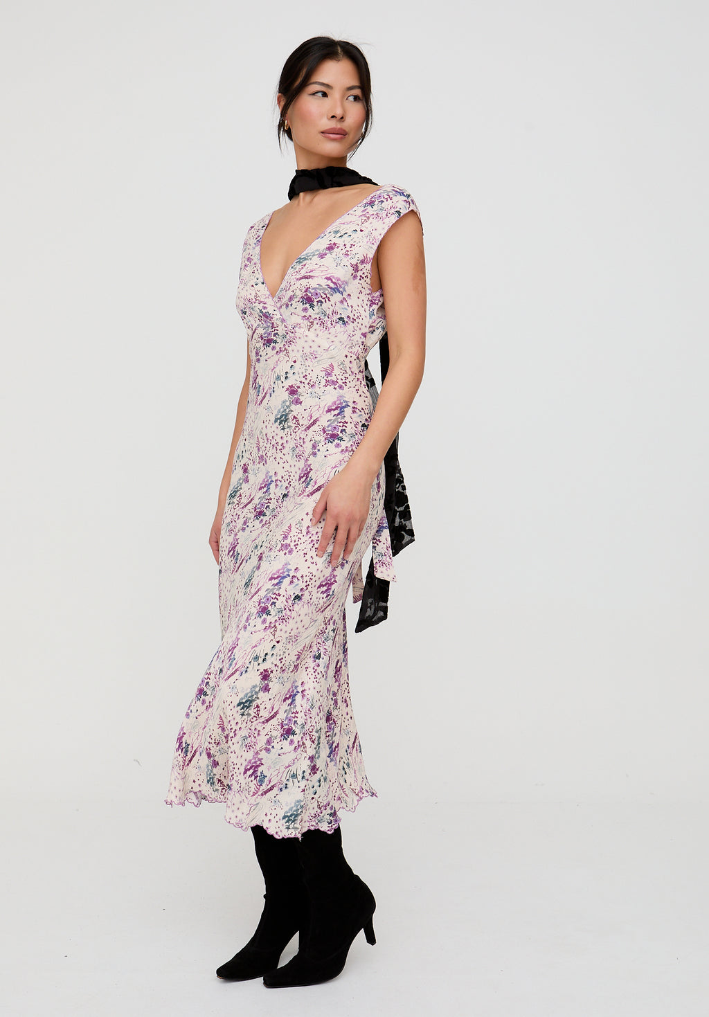 Zola Bias Cut Wonderland Print Midi Dress In Multi
