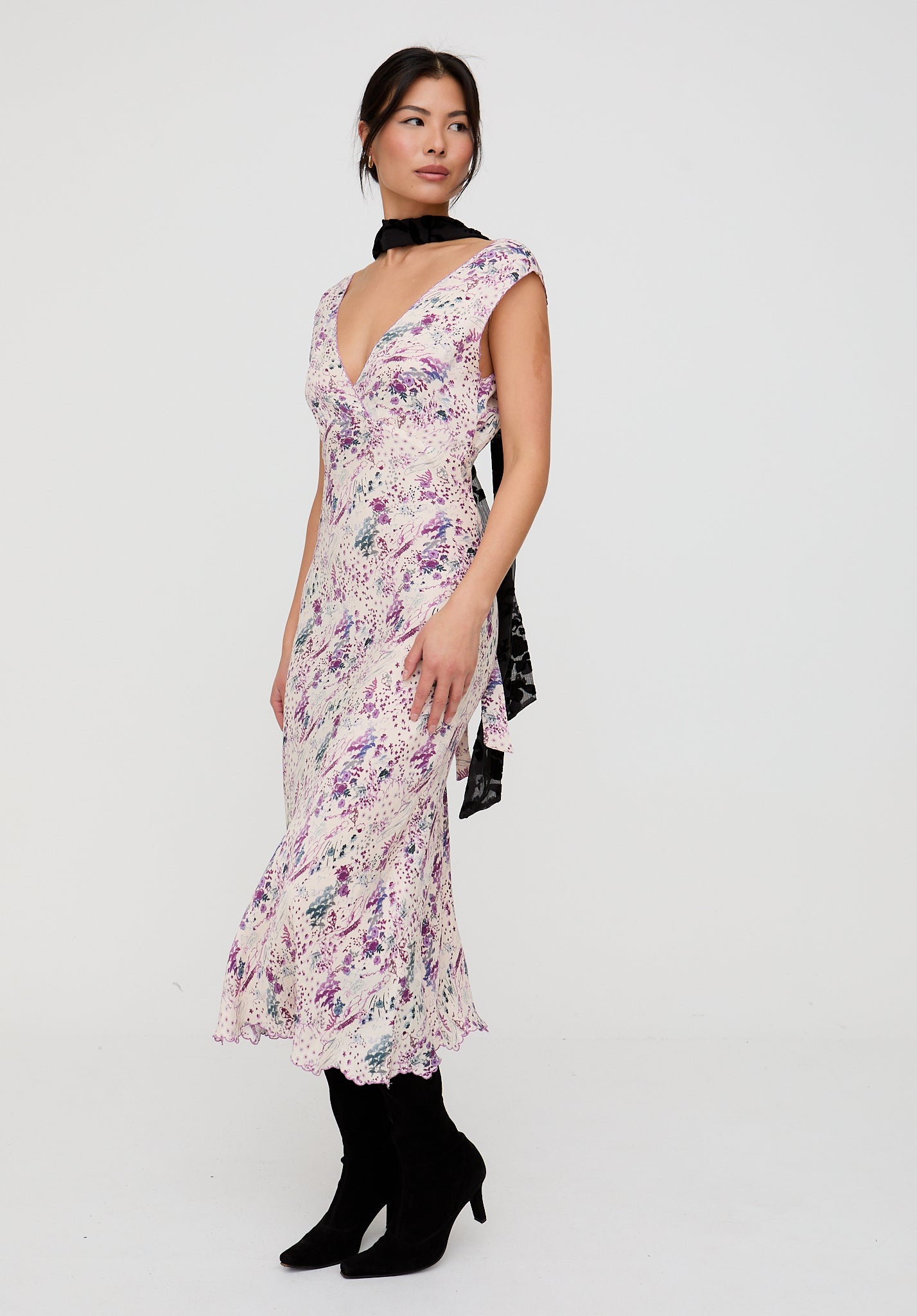 Zola Bias Cut Wonderland Print Midi Dress In Multi