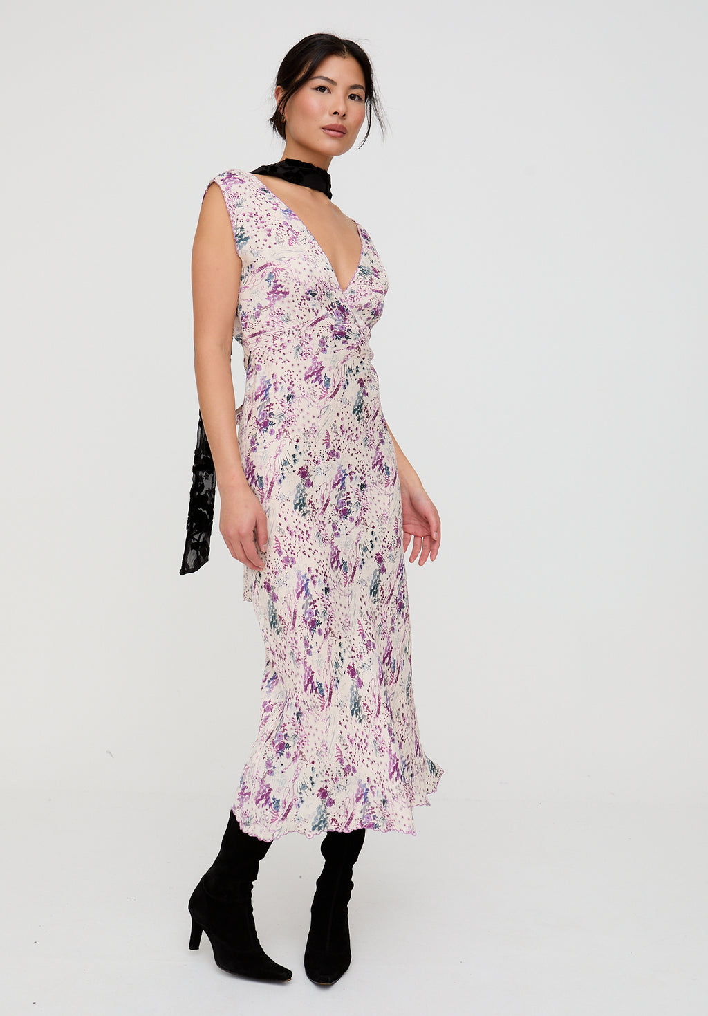 Zola Bias Cut Wonderland Print Midi Dress In Multi