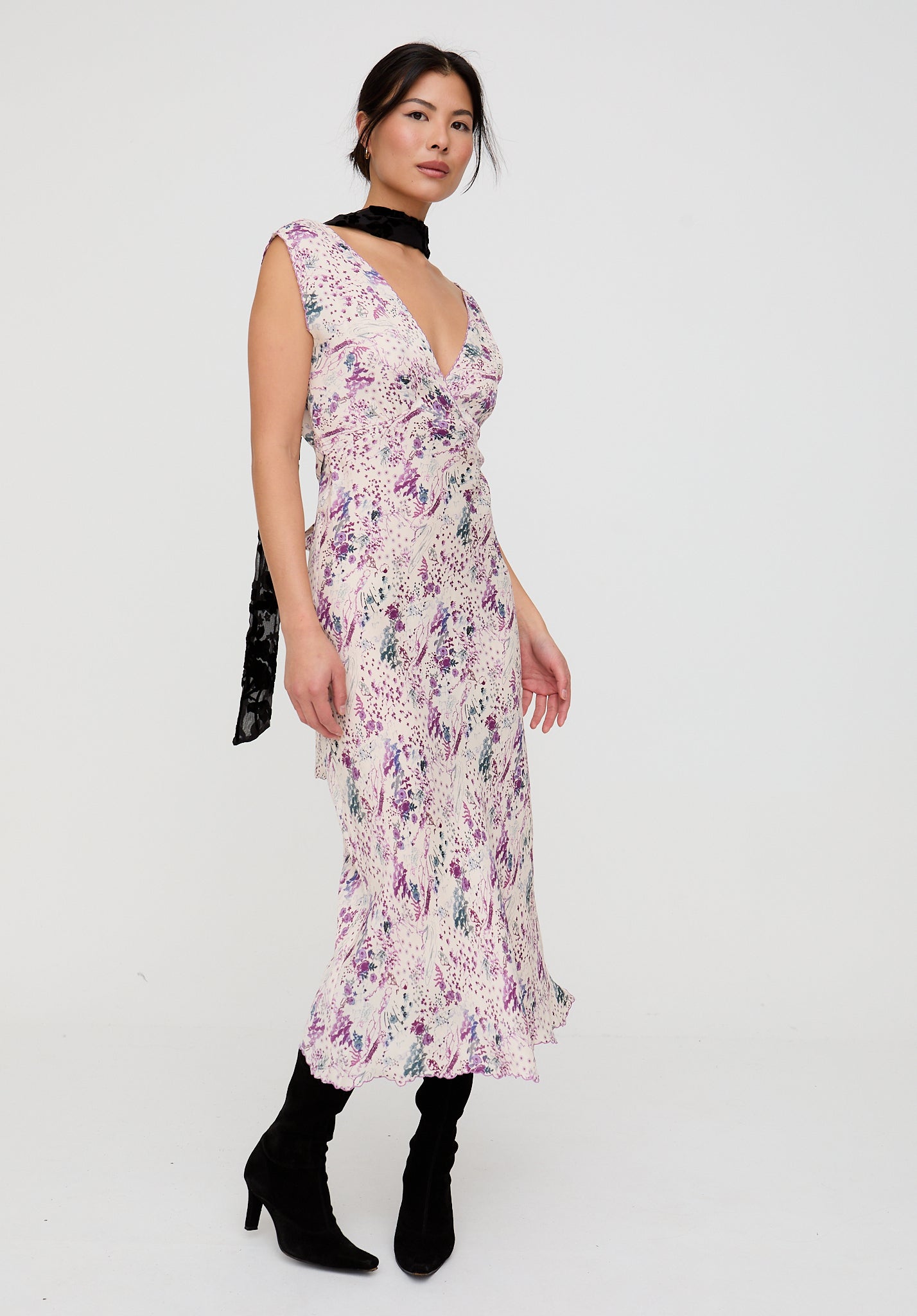 Zola Bias Cut Wonderland Print Midi Dress In Multi
