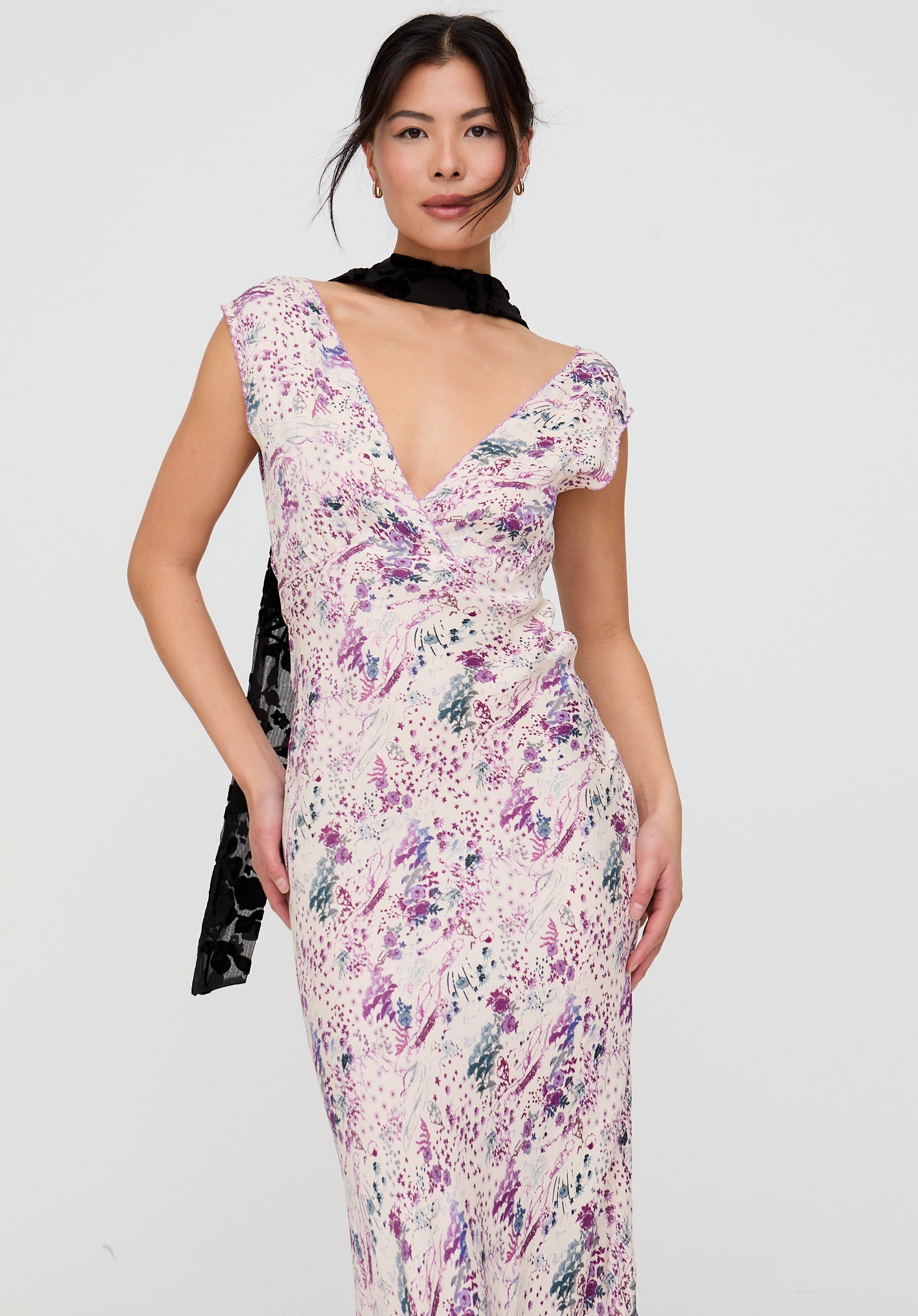 Zola Bias Cut Wonderland Print Midi Dress In Multi