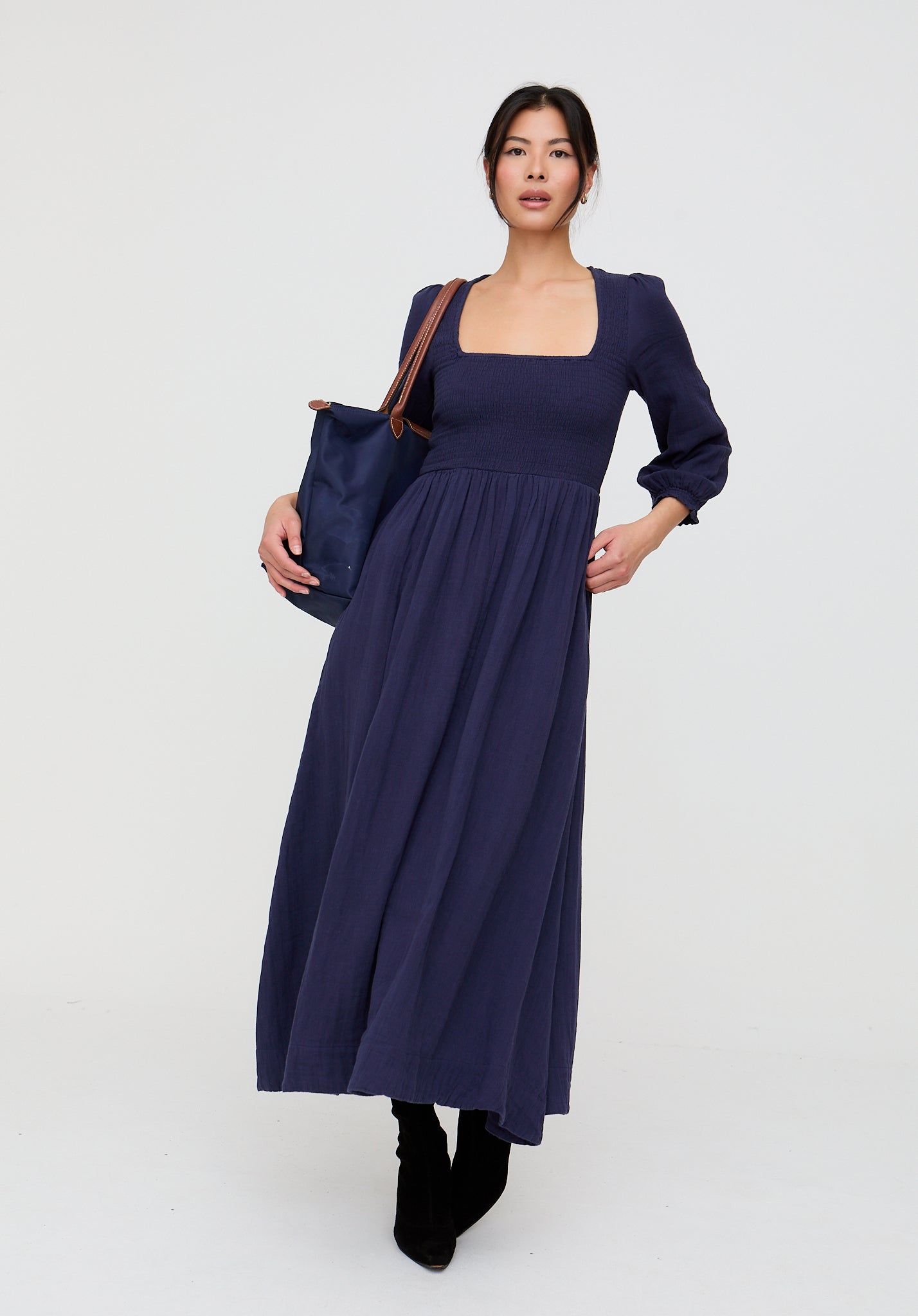 Pippa Shirred Bodice Maxi Dress In Navy