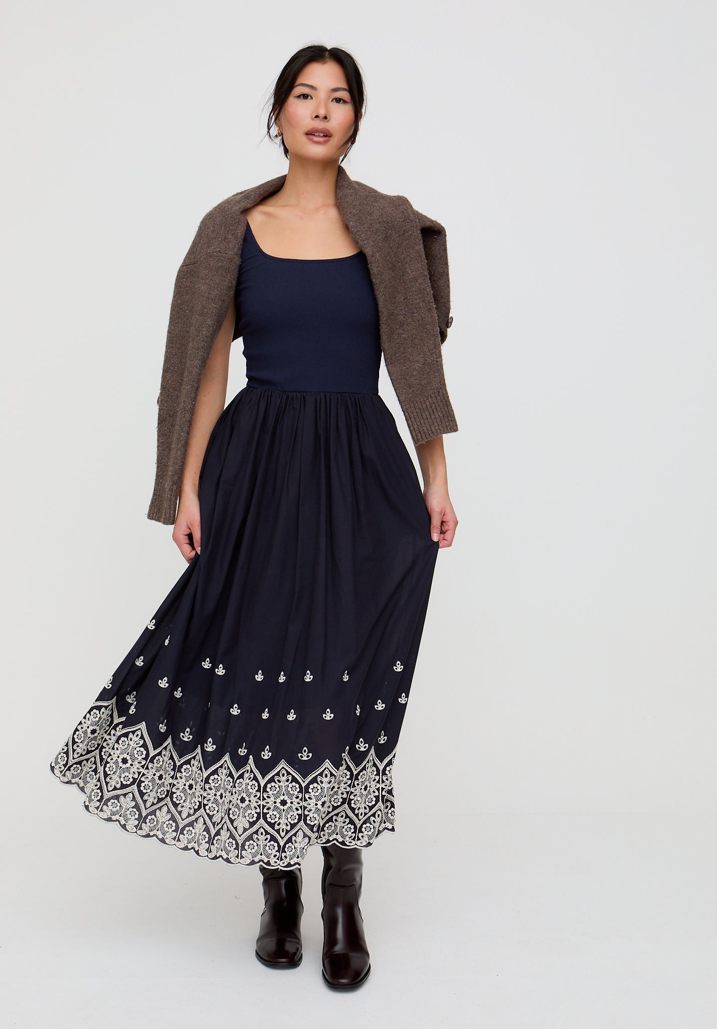 Cora Sleeveless Jersey Bodice Embroidered Midi Dress In Navy