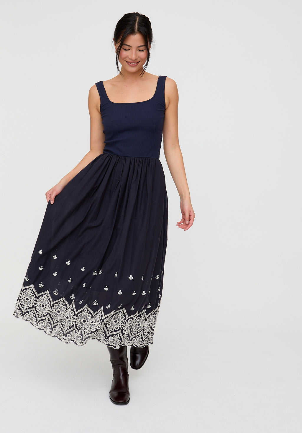 Cora Sleeveless Jersey Bodice Embroidered Midi Dress In Navy