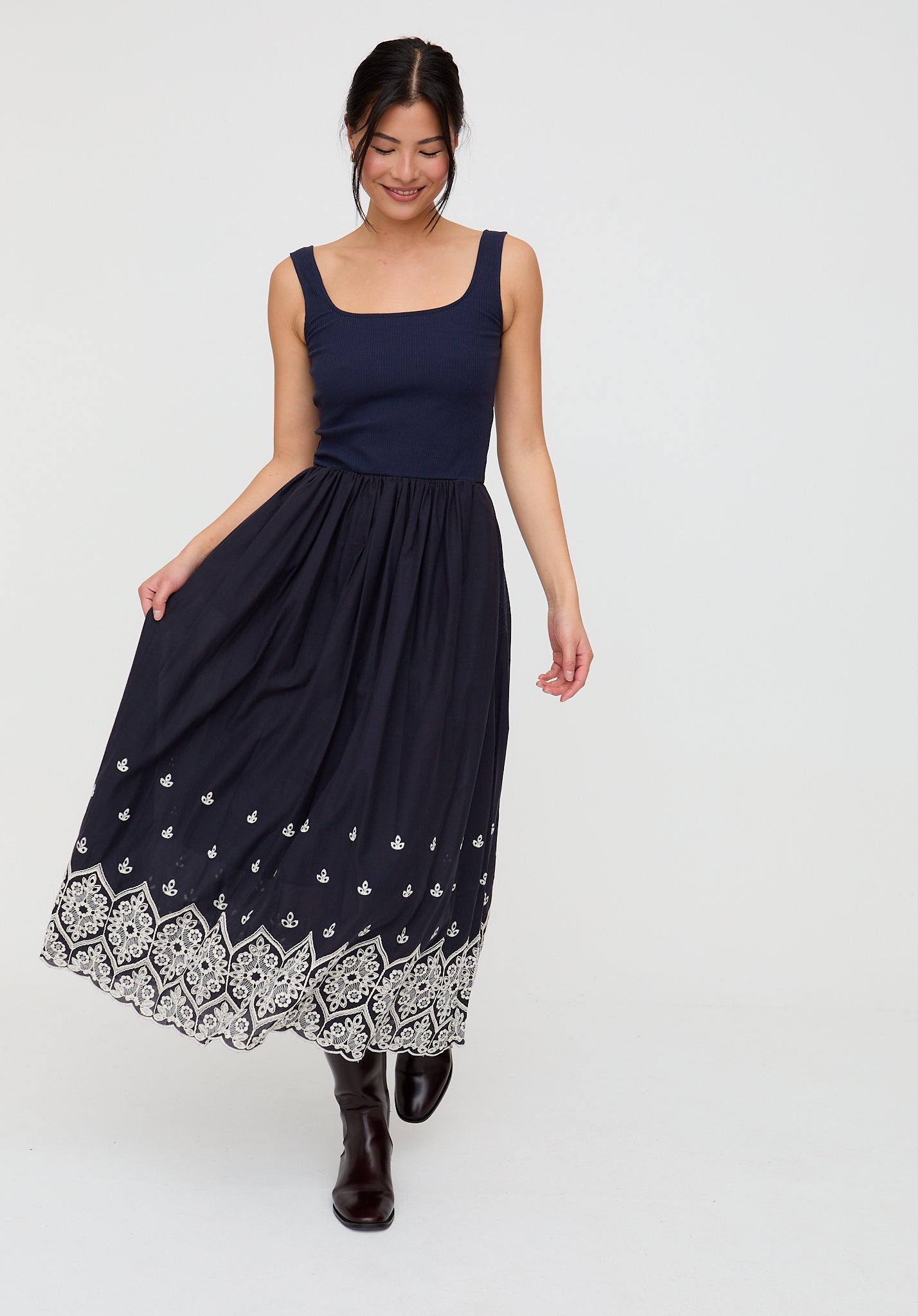 Cora Sleeveless Jersey Bodice Embroidered Midi Dress In Navy