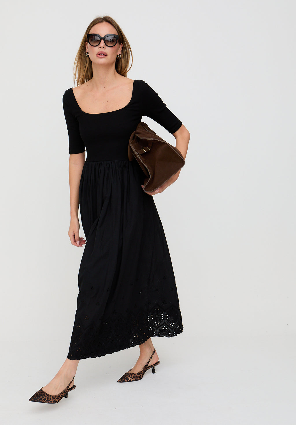 Sydney Short Sleeve Jersey Bodice Embroidered Midi Dress In Black