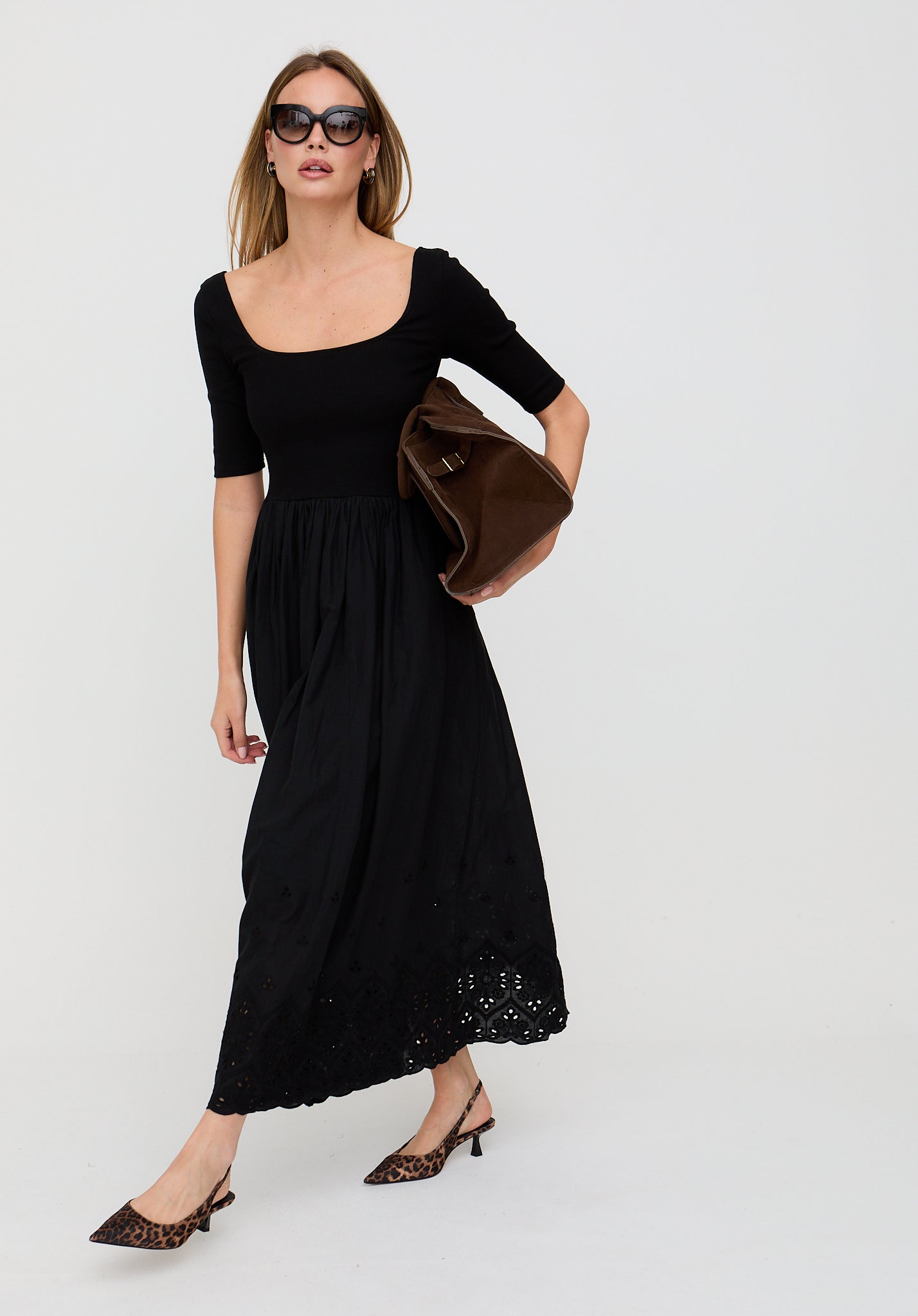 Sydney Short Sleeve Jersey Bodice Embroidered Midi Dress In Black