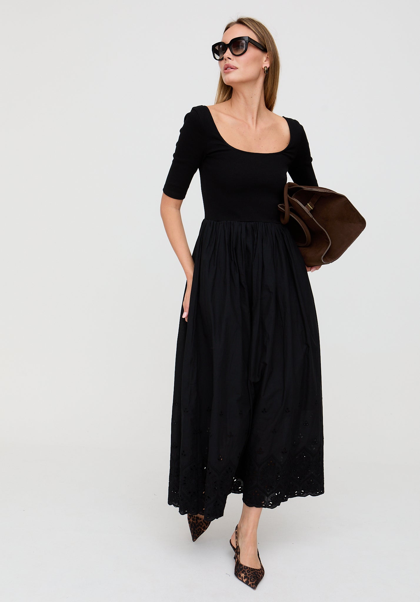 Sydney Short Sleeve Jersey Bodice Embroidered Midi Dress In Black