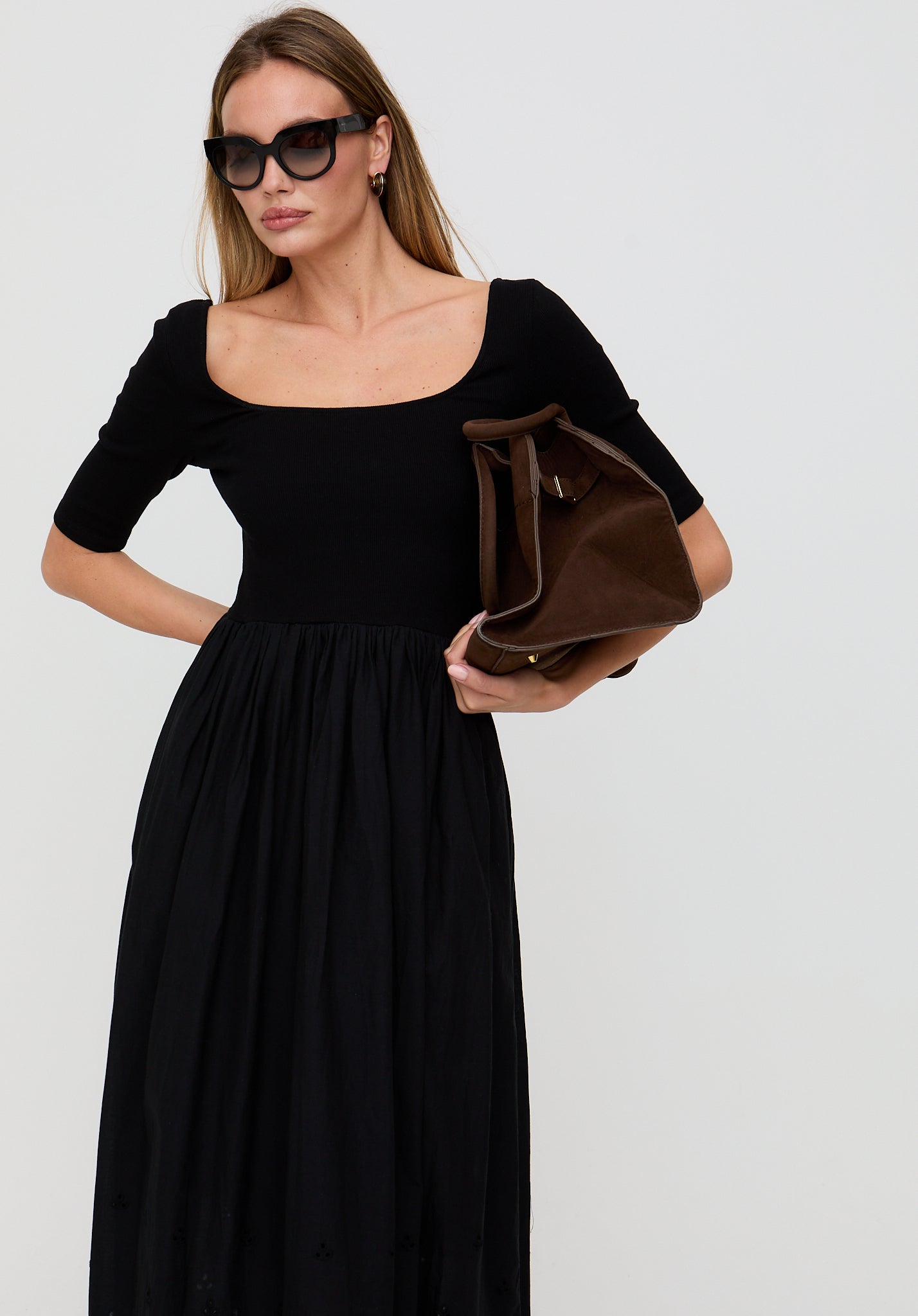 Sydney Short Sleeve Jersey Bodice Embroidered Midi Dress In Black