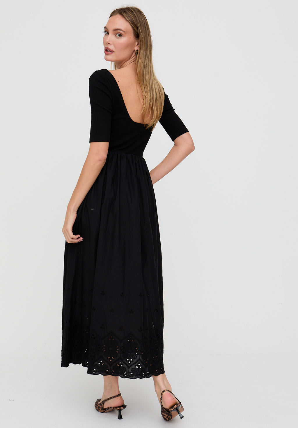 Sydney Short Sleeve Jersey Bodice Embroidered Midi Dress In Black