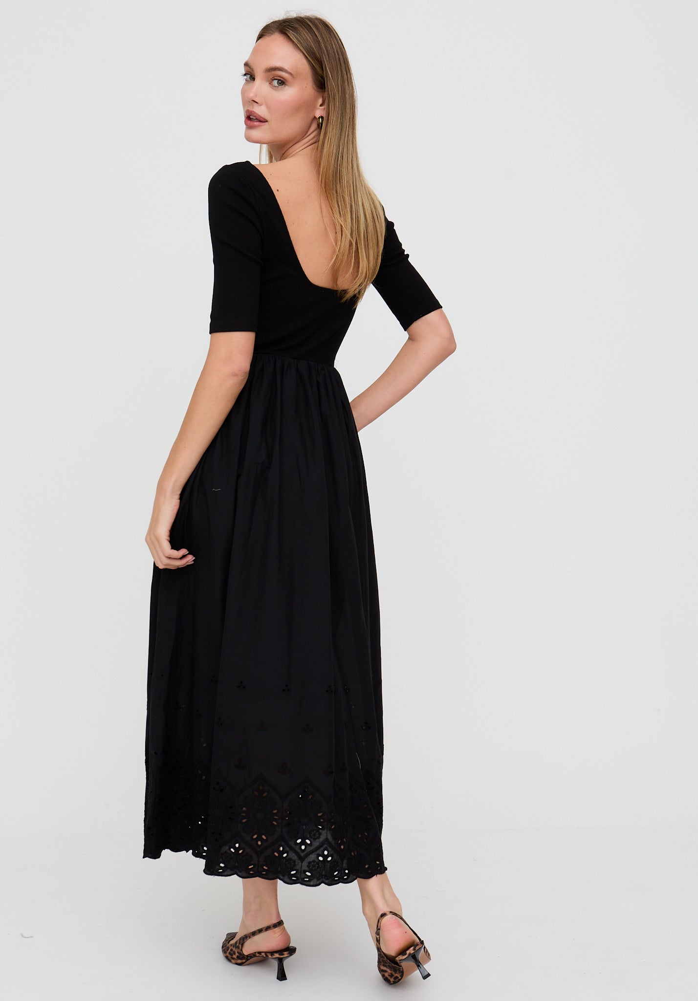 Sydney Short Sleeve Jersey Bodice Embroidered Midi Dress In Black