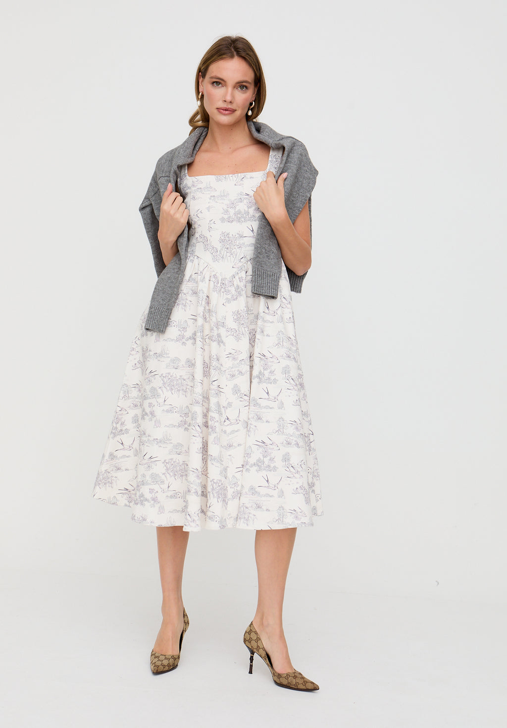 Hayley Corset Inspired Josephine Print Midi Dress In Cream