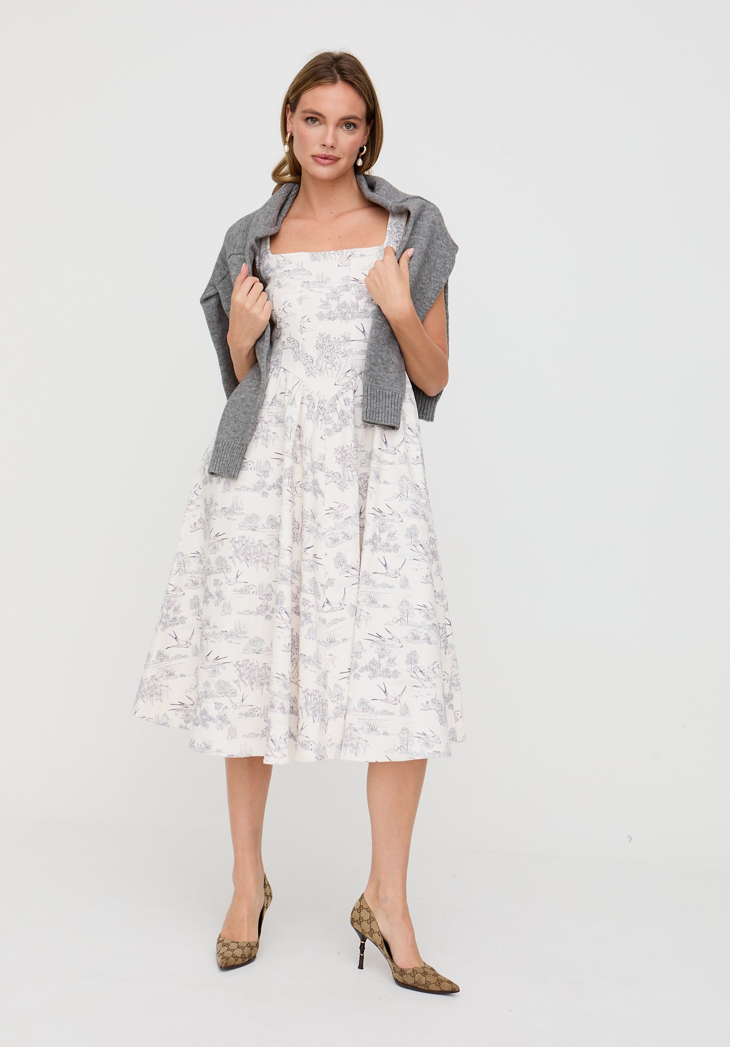 Hayley Corset Inspired Josephine Print Midi Dress In Cream