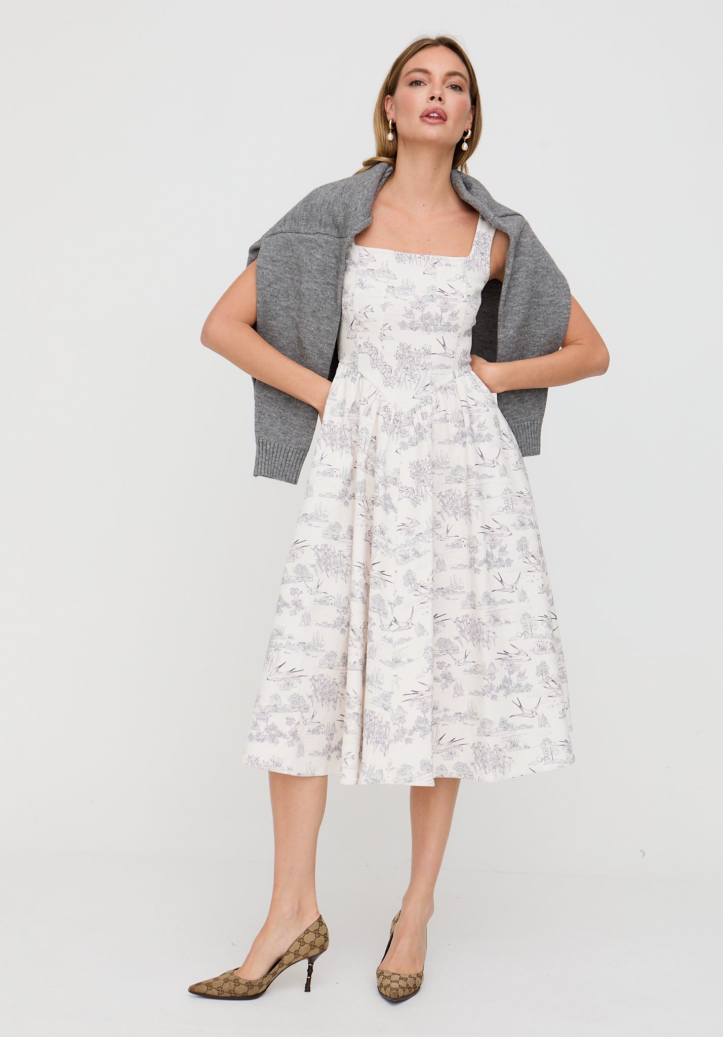 Hayley Corset Inspired Josephine Print Midi Dress In Cream