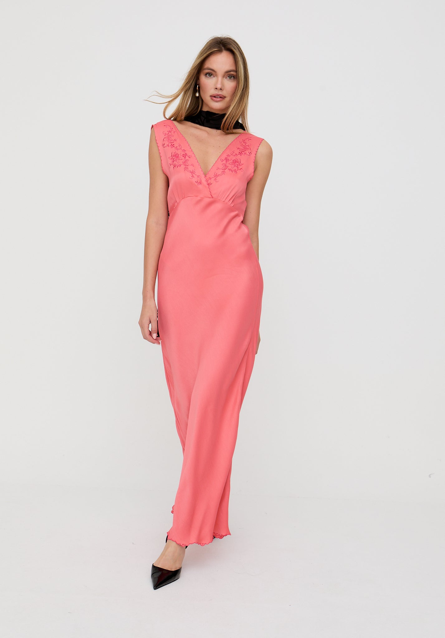 Pandora Bias Cut Sleeveless Embroidered Maxi Dress In Pink