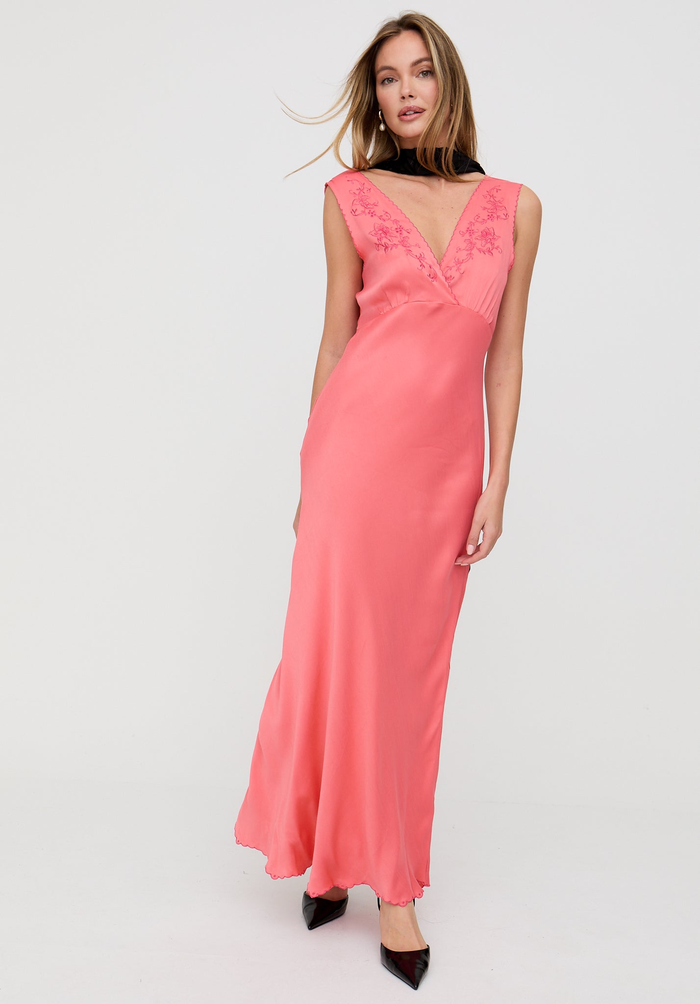 Pandora Bias Cut Sleeveless Embroidered Maxi Dress In Pink