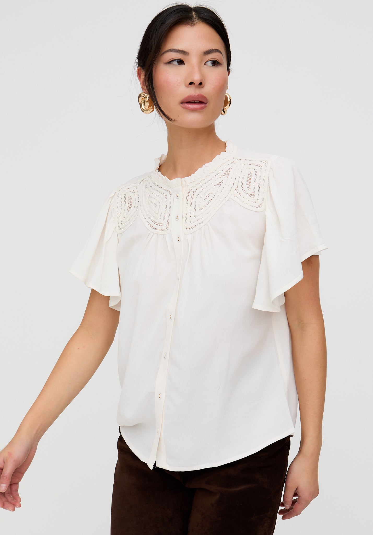 Kew Lace Insert Angel Sleeve Shirt In Cream