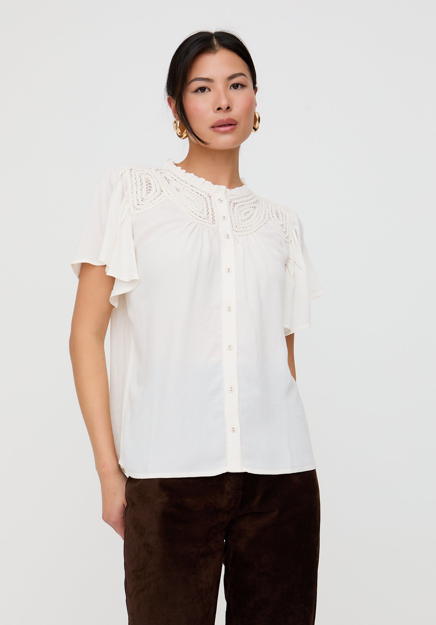 Kew Lace Insert Angel Sleeve Shirt In Cream