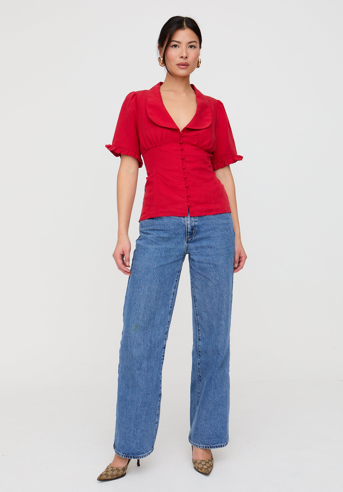 Rachel Vintage Inspired Short Sleeve Shirt In Red